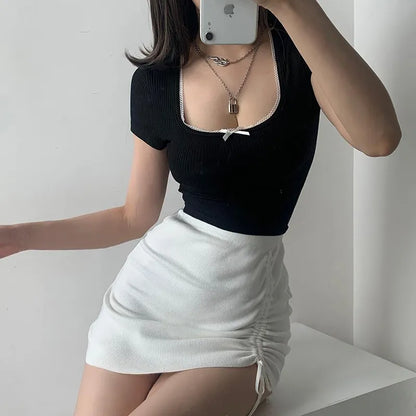 maoxiangshop White High Waist Stretch Side Drawstring Skirt Women Club Slim knitted Short Skirt Sexy All-match Fashion Mini Skirt Black