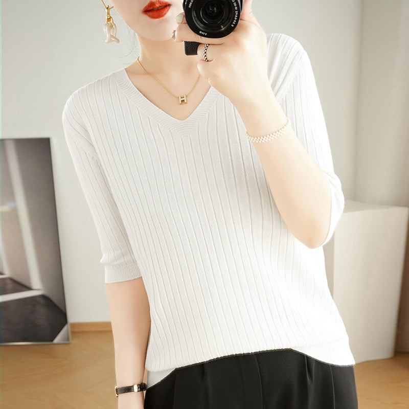 maoxiangshop Women Sweater Short Sleeve Spring Summer Knitwears Korean Fashion Stripe Pullovers Slim Fit Knit Tops Casual V-neck Jumpers