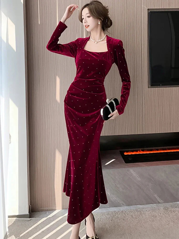 maoxiangshop Autumn Winter Red Velvet Diamonds Square Collar Long Dress Women Elegant Luxury Festival Dress Gown 2024 Korean Vintage Vestidos