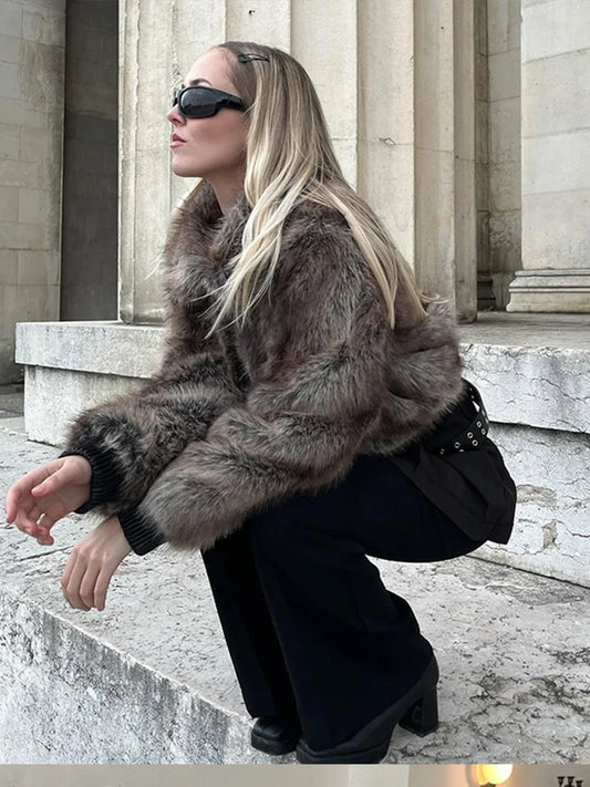 maoxiangshop  -  Elegant Faux Fur Zipper Coat Women Thicken Solid Full Sleeve Short Jacket Female 2024 Autumn Winter Fashion Slim Coat Lady
