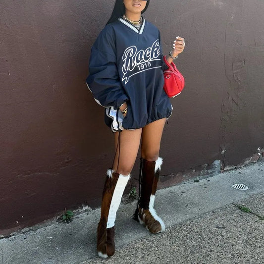 maoxiangshop  -  2024 Autumn Letter Print Loose Casual Oversized Sweatshirts V-neck Long Sleeve Drawstring Casual Tops Harajuku Streetwear Outfit