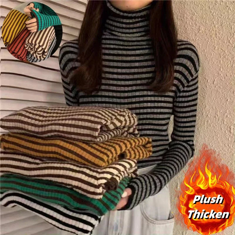 maoxiangshop Women's Striped Turtleneck Sweater Autumn and Winter Knit Sweater Women's Long Sleeve Striped Sweater Turtleneck Sweater