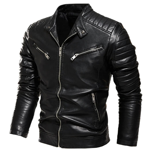 maoxiangshop Winter Black Leather Jacket Men Fur Lined Warm Motorcycle Jacket Slim Street Fashion BLack Biker Coat Pleated Design Zipper