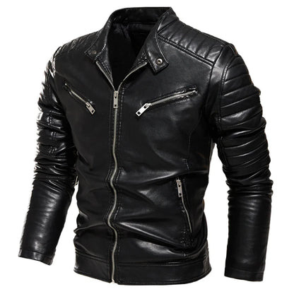 maoxiangshop Winter Black Leather Jacket Men Fur Lined Warm Motorcycle Jacket Slim Street Fashion BLack Biker Coat Pleated Design Zipper