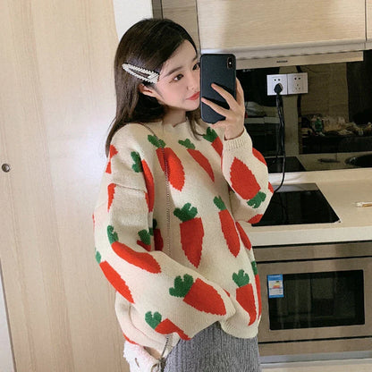 maoxiangshop Women's Carrot Sweater Cozy Knit Cute Cartoon Crew Neck Long Sleeve Oversized Pullover Jumper Fall Winter