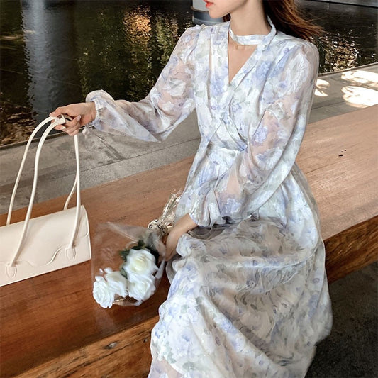 maoxiangshop Summer Basic Long Dress Long Sleeve V-Neck Floral Printed Retro Vintage A-Line Women Dresses Chic Korea Fashion Vestidos