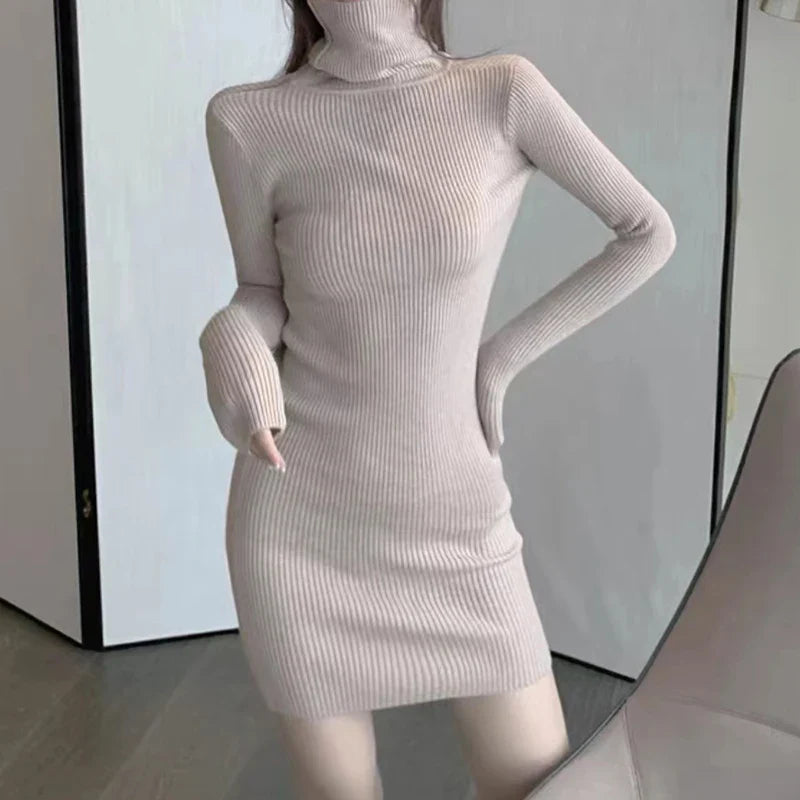 maoxiangshop Women Autumn Turtleneck Thicken Warm Bodycon Dress Long Sleeve Knit Solid Office Pullover Dress For Women Winter