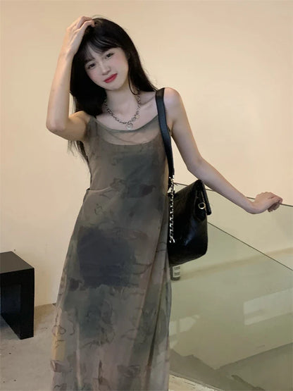 maoxiangshop Vintage Double-Layer Mesh Printed Maxi Dresses For Women Grunge Gothic Spaghetti Strap Vestidos Korean Style Sheer Dress