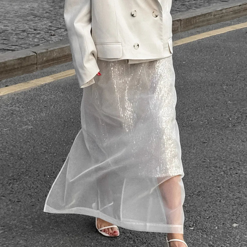 maoxiangshop  -  Sexy See Through White Mesh Split Skirt Women's High Waist Loose Straigh Midi Skirt Autumn Fashion Hot Girl Party Skirts