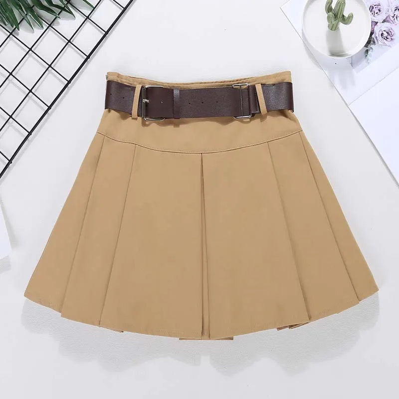 maoxiangshop Brown Belted Mini Skirt Low Waisted Pleated Skirt with Belt Women Academia Aesthetic Vintage Outfit