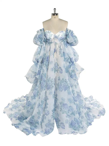 maoxiangshop Blue New Floral Printing Silk Organza Maternity Gown for Baby Shower Photography Photo Shoot Dress Props Lace UP Back