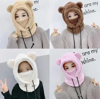 maoxiangshop Cute Winter Earflaps Plush Bear Ears Hats adult Warm Mask for Outdoor Women Bonnet Hood