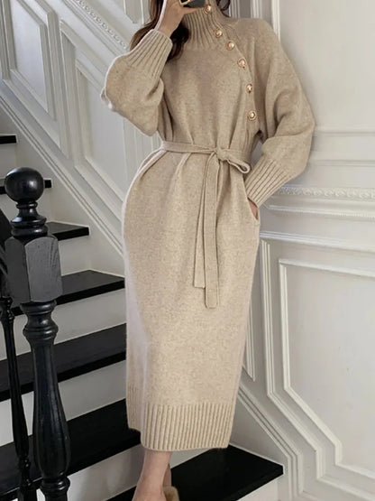 Vintage Turtleneck Buttons Long Sleeve Long Dresses Winter Fashion Casual Loose Knitwear Warm Women Knitted Dress Black Apricot