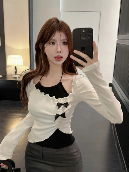 Autumn Women Two Pieces Set Halter Top Korean Fashion Gyaru Long Sleeve Crop Tops T-Shirts Y2k Streetwear Tees Coquette Girl New