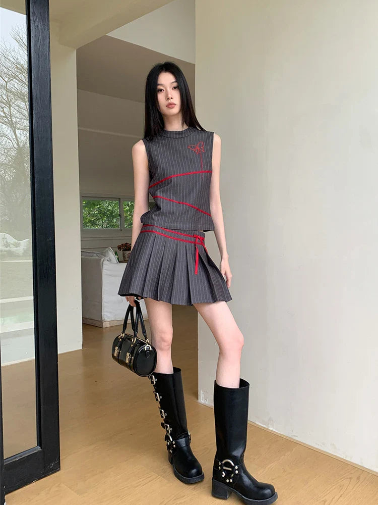 Summer Women Vintage Old Money 2000s Aesthetic Outfits 2 Piece Set Striped Tank Tops + A-line Mini Pleated Skirts Korean Fashion