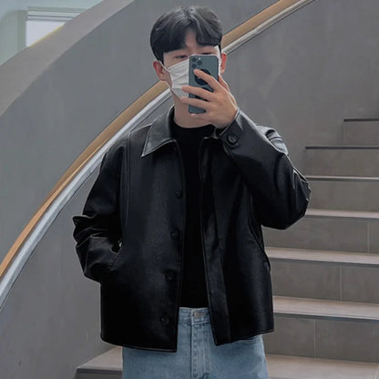 maoxiangshop Short Motorcycle Pu Leather Coat Trend Men's Autumn New Korean Style High End Lapel Loose Jacket Fashion Streetwear