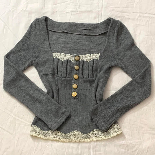 maoxiangshopPreppy Vintage Button Long Sleeve T-shirt Aesthetic Retro Kawaii Lace Trim Crop Top Y2K Fairy Grunge Milkmaid Tees Streetwear