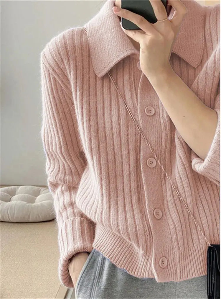 maoxiangshop Turn Down Knit Cardigan Women Autumn Winter Button Up Solid Color Sweater Coats Woman Long Sleeve Soft Cardigans Ladies