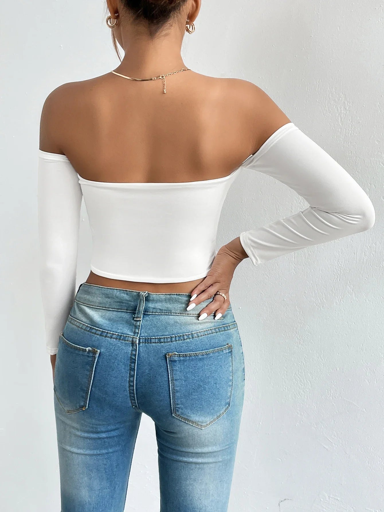 maoxiangshop Off Shoulder Crop T-Shirt, Casual Long Sleeve Top For Spring & Fall, Women's Clothing