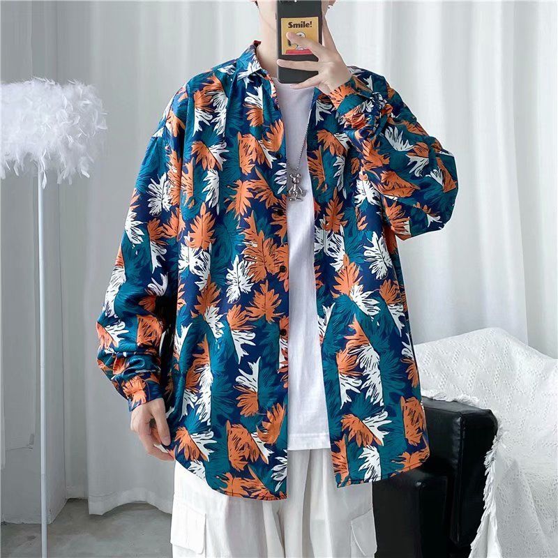 maoxiangshop Men's Clothing Turn-down Collar Handsome Long Sleeve Button Spring Summer Thin Man Printing Loose Streetwear Casual Korean