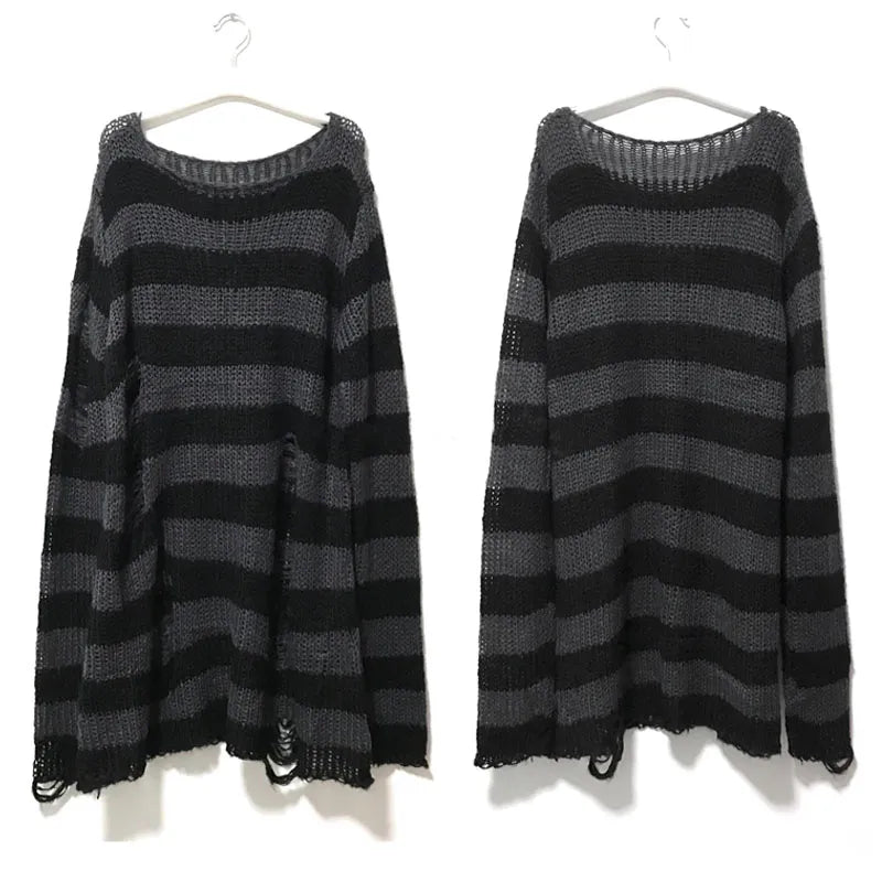 maoxiangshop New Punk Gothic Long Unisex Sweater Summer Women Striped Cool Hollow Out Hole Broken Jumper Loose Rock Thin Dark Streetwear Top