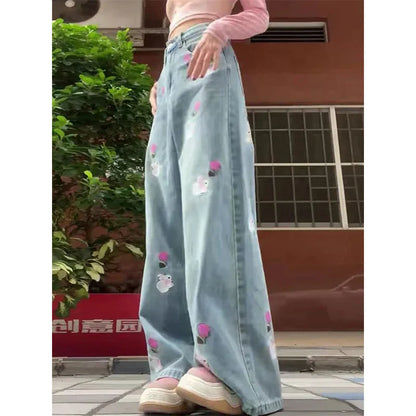 maoxiangshop Women's Blue Jeans Baggy Harajuku Aesthetic Embroidery Denim Trousers Y2k Oversize Wide Jean Pants Vintage 2000s Trashy Clothes