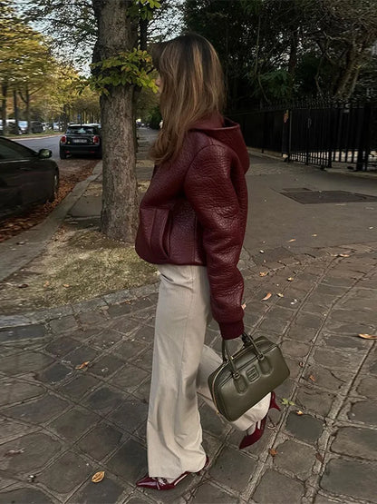 maoxiangshop -  Women Red Pu Leather Hooded Cropped Coats Autumn Lapel Loose Long Sleeve Zipper Jacket Winter Fashion Vintage Warm Streetwear