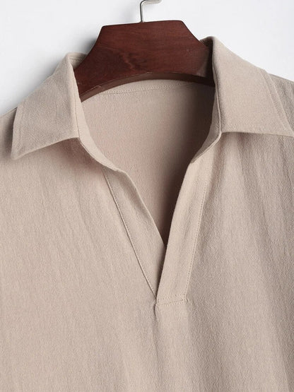 maoxiangshop Long Sleeve Men's Shirts Solid Color Linen Textured Turn Down Collar Pullover Shirt Casual Streetwear Tops