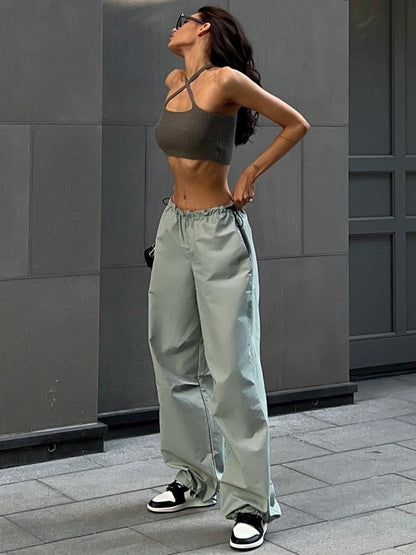 maoxiangshop Fashion High Street Cargo Pants Women Casual Sweatpants Solid Loose Trousers Drawstring Waist Wide Leg Pants Y2K Party