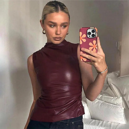 maoxiangshopPU Leather Tank Top High Fashion Asymmetrical Ruched Sleeveless Blouse Winter Sexy T Shirt For Women Y2K Clothes