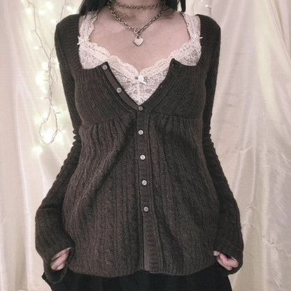 Y2K 00s Vintage Sweater Single Breasted Long Sleeve Cardigan 00s Aesthetic Kawaii Knitwear T-shirt Women Clothes