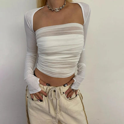 maoxiangshop  -  Off-Shoulder Pleated Tube Top Vest Long-Sleeved Cover Up Two-Piece Top Fasion Hot Girl Autumn New Sexy Party Club Clothes