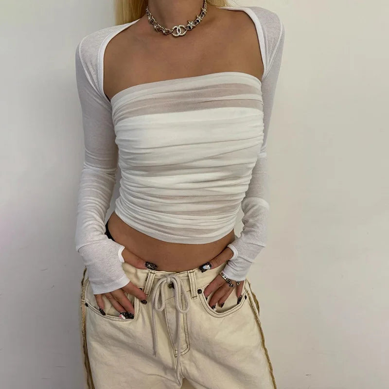 maoxiangshop  -  Off-Shoulder Pleated Tube Top Vest Long-Sleeved Cover Up Two-Piece Top Fasion Hot Girl Autumn New Sexy Party Club Clothes