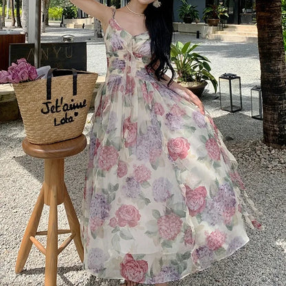 maoxiangshop  Summer Chiffon Beach Maxi Dress Women Fashion Print Floral Backless Bandage Slip Dress Elegant Evening Party Fairy Dresses