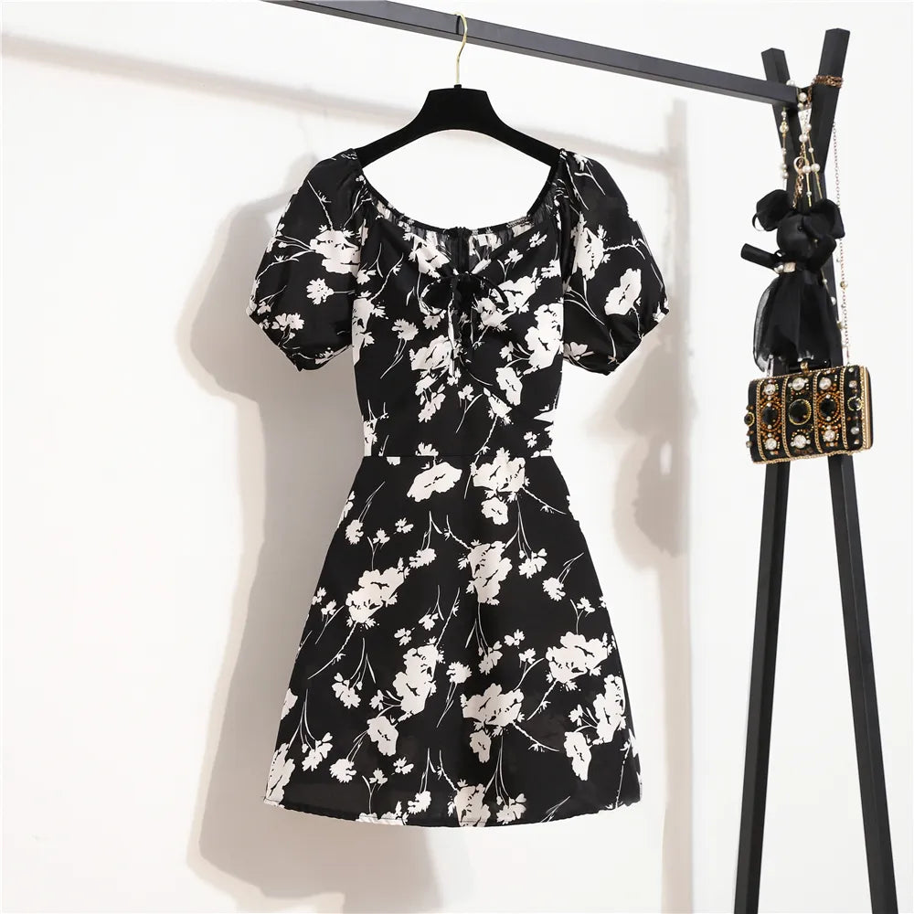 maoxiangshop Women Mini Dresses Summer Fashion Female Vestidos Print Floral Chiffon Dresses Shirring Pleated Short Puffy Sleeve Casual Dress