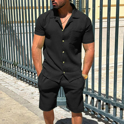 maoxiangshop Solid Color Texture Shirts And Shorts Mens Two Piece Sets Summer Casual Short Sleeve Buttoned Lapel Shirt Outfits Men Streetwear