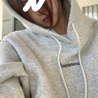 Autumn Women Kpop Loose Hooded Sweatshirts Thick Warm Pullovers Long Sleeve Couple Tops Harajuku Vintage Letter Printed Hoodies
