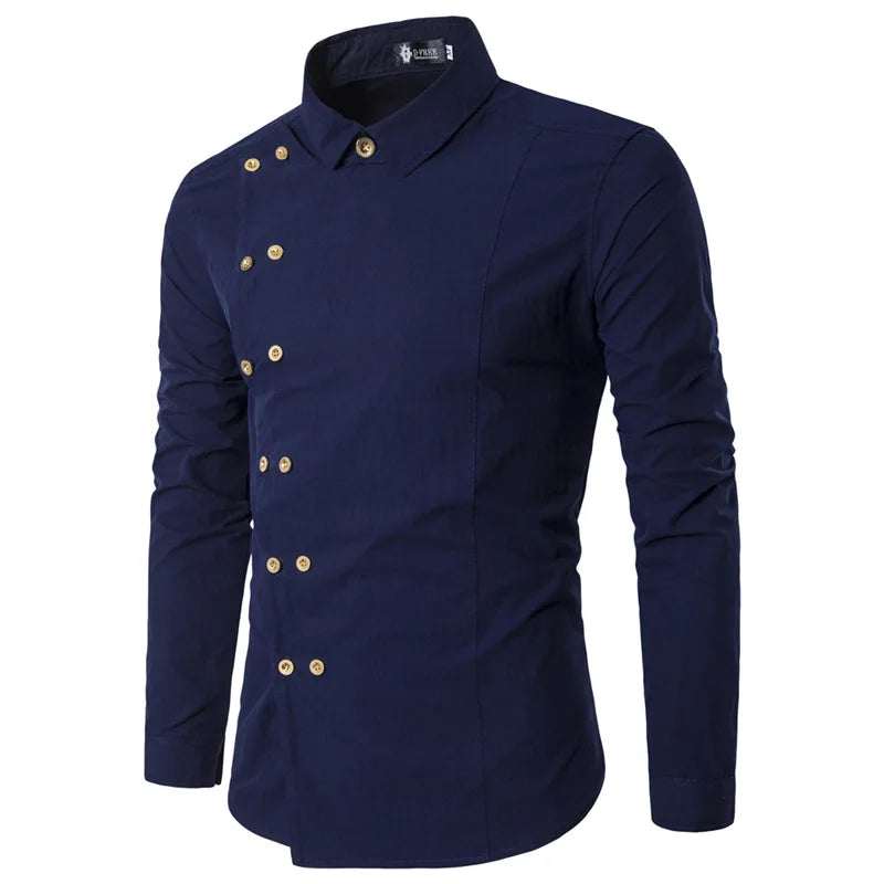 maoxiangshop Men's Diagonal Placket Double Breasted Slim Fitting Fashion Long Sleeved Shirt
