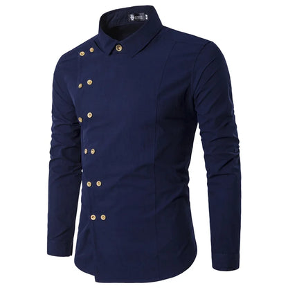 maoxiangshop Men's Diagonal Placket Double Breasted Slim Fitting Fashion Long Sleeved Shirt