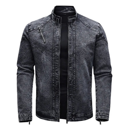 maoxiangshop New Motorcycle Denim Jacket Men Retro Zippers Stand Collar Denim Coats Mens Cotton Slim Fit Denim Jacket Moto Biker Outerwear