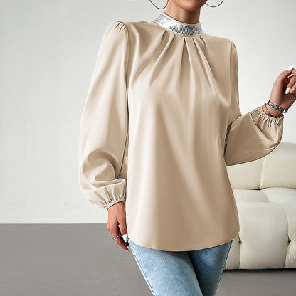 Elegant Women's Blouse Autumn Fashion Solid Puff Long Sleeve Tops Casual Youth Sequin Turtleneck Shirts New Collection