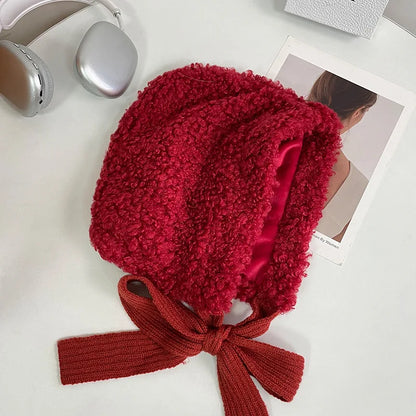 maoxiangshop  -  Lamb Wool Beanies for Women Winter Plush Warm Pullover Hats Thickened Windproof Ear Protection Cap Red Steeple Christmas Bonnets