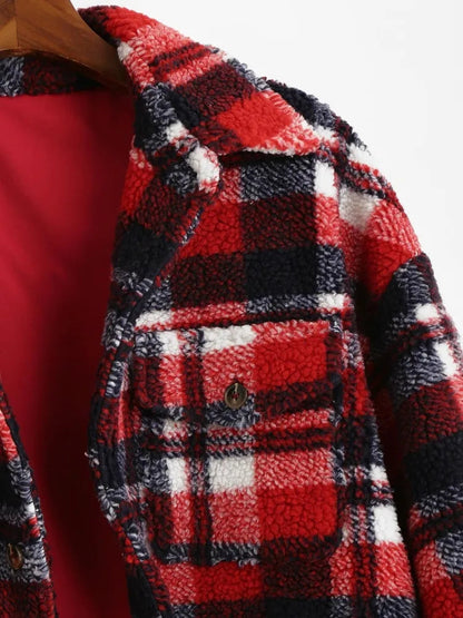 maoxiangshop Plaid Jacket for Men Fluffy Fleece Shirt Jacket with Pocket Button-up Faux Fur Sherpa Streetwear Topcoats
