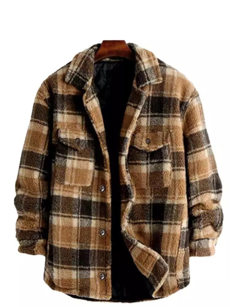 maoxiangshop Plaid Jacket for Men Fluffy Fleece Shirt Jacket with Pocket Button-up Faux Fur Sherpa Streetwear Topcoats