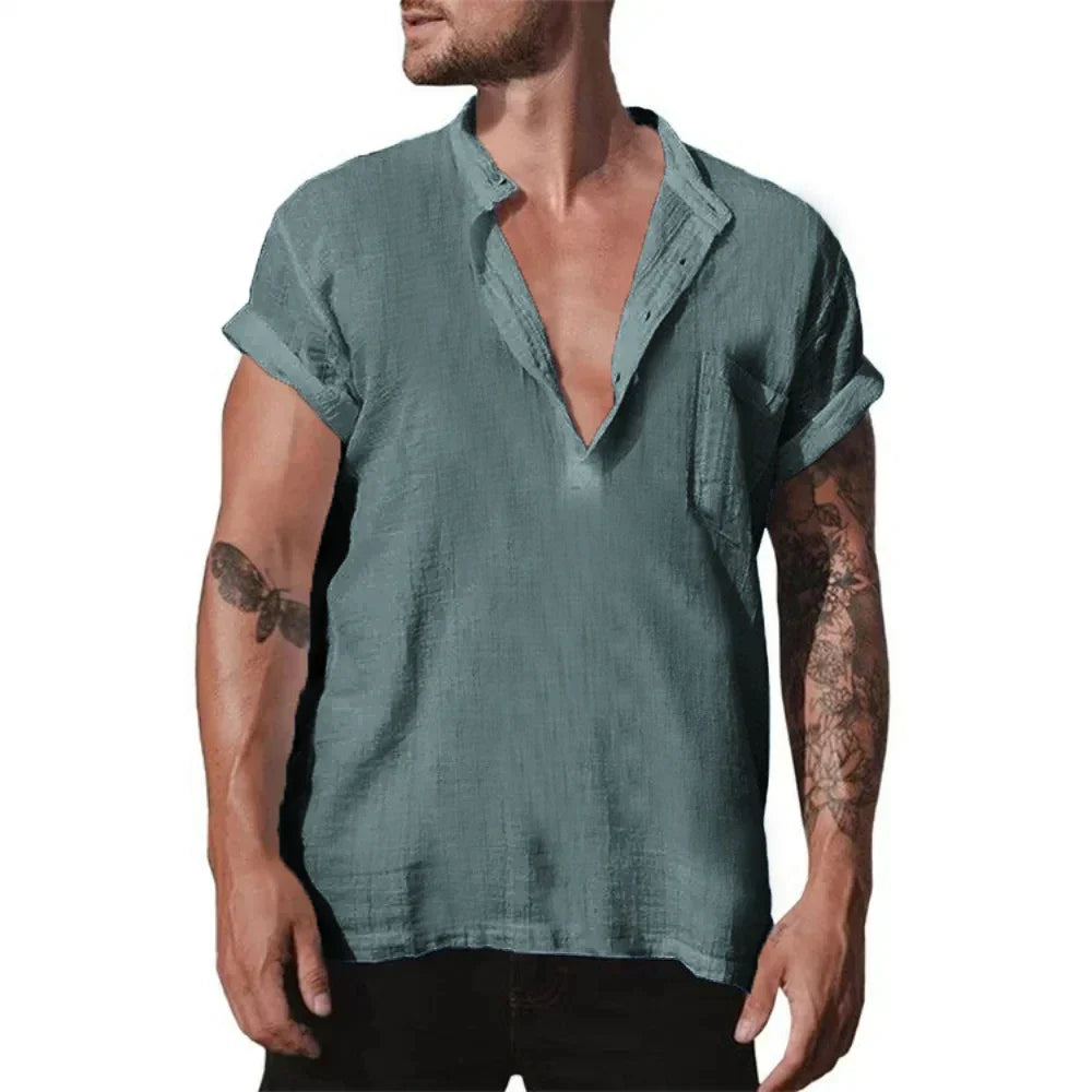 maoxiangshop Summer Cotton Linen Casual Shirt for Men Loose Casual Breathable Men's Lightweight Large Shirt Large Size Oversized T Shirt
