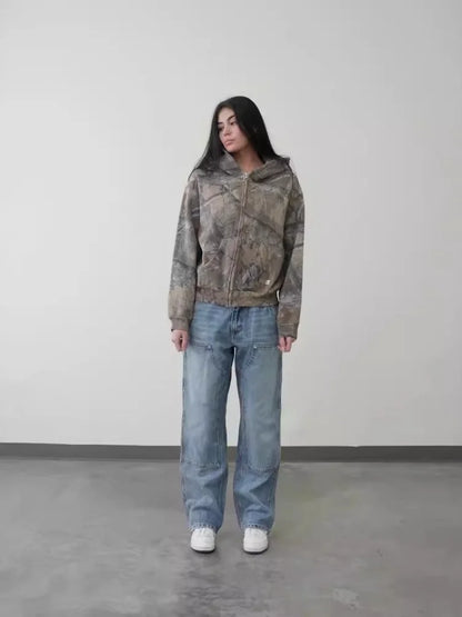 maoxiangshop Y2k Aesthetic Streetwear Hoodies Women American Retro Camo Print Grunge Punk Hip Hop Zipper Hooded Sweatshirt Chic