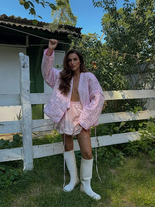 maoxiangshop  -  2024 New Pink Floral Cotton Coats Women Fashion V-neck Full Sleeve Lace Up Loose Jacket Autumn Winter Chic Warm Lady Outerwear