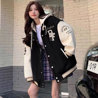 COZOK/ Embroidered Hooded Bomber Jacket Women 2023 Spring Autumn Student Couple American Retro Casual Hooded Jacket Top