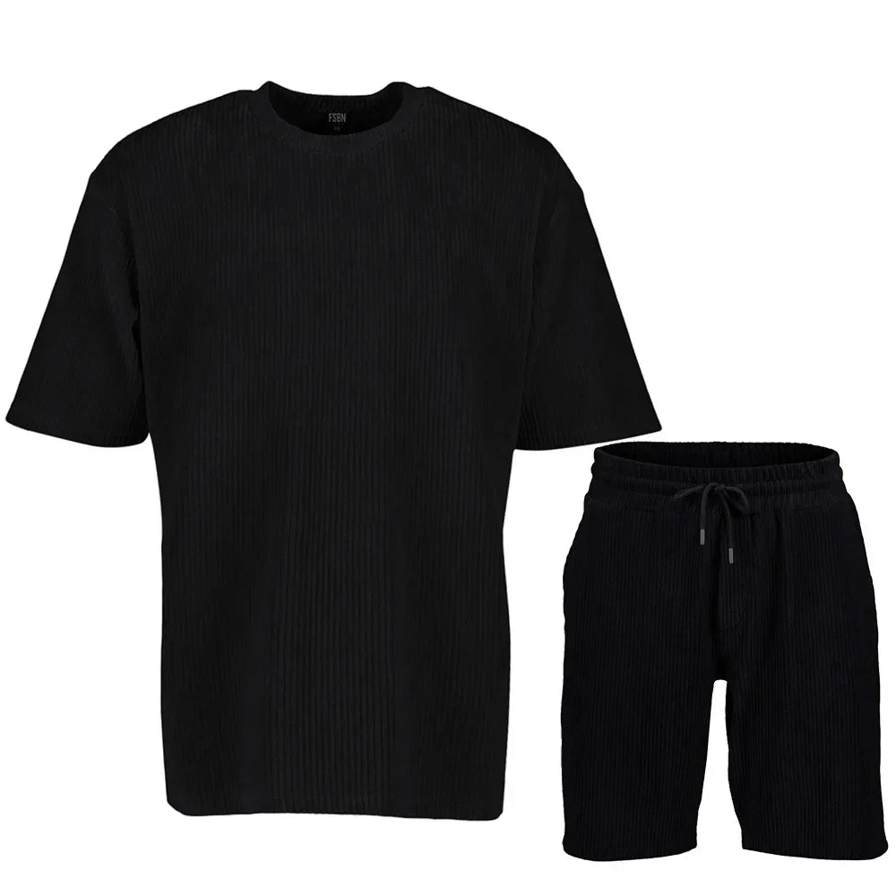maoxiangshop Summer Men's Striped Suit Loose Crew Neck Short-sleeved T-shirt And Shorts Solid Color Sports Casual Two-piece Set