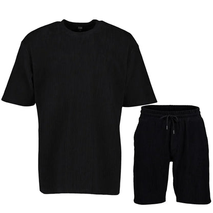 maoxiangshop Summer Men's Striped Suit Loose Crew Neck Short-sleeved T-shirt And Shorts Solid Color Sports Casual Two-piece Set